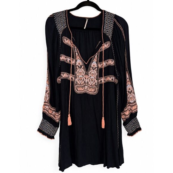 Free People Dresses & Skirts - Free People Black Long-Sleeve Embroidered Tunic with Peach Accents